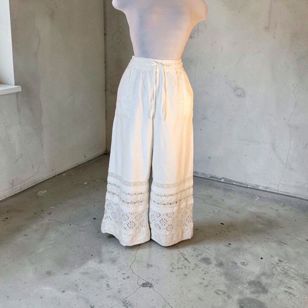 Y2K 100% Cotton Capri W/Crochet Trim White Wide Leg Boho